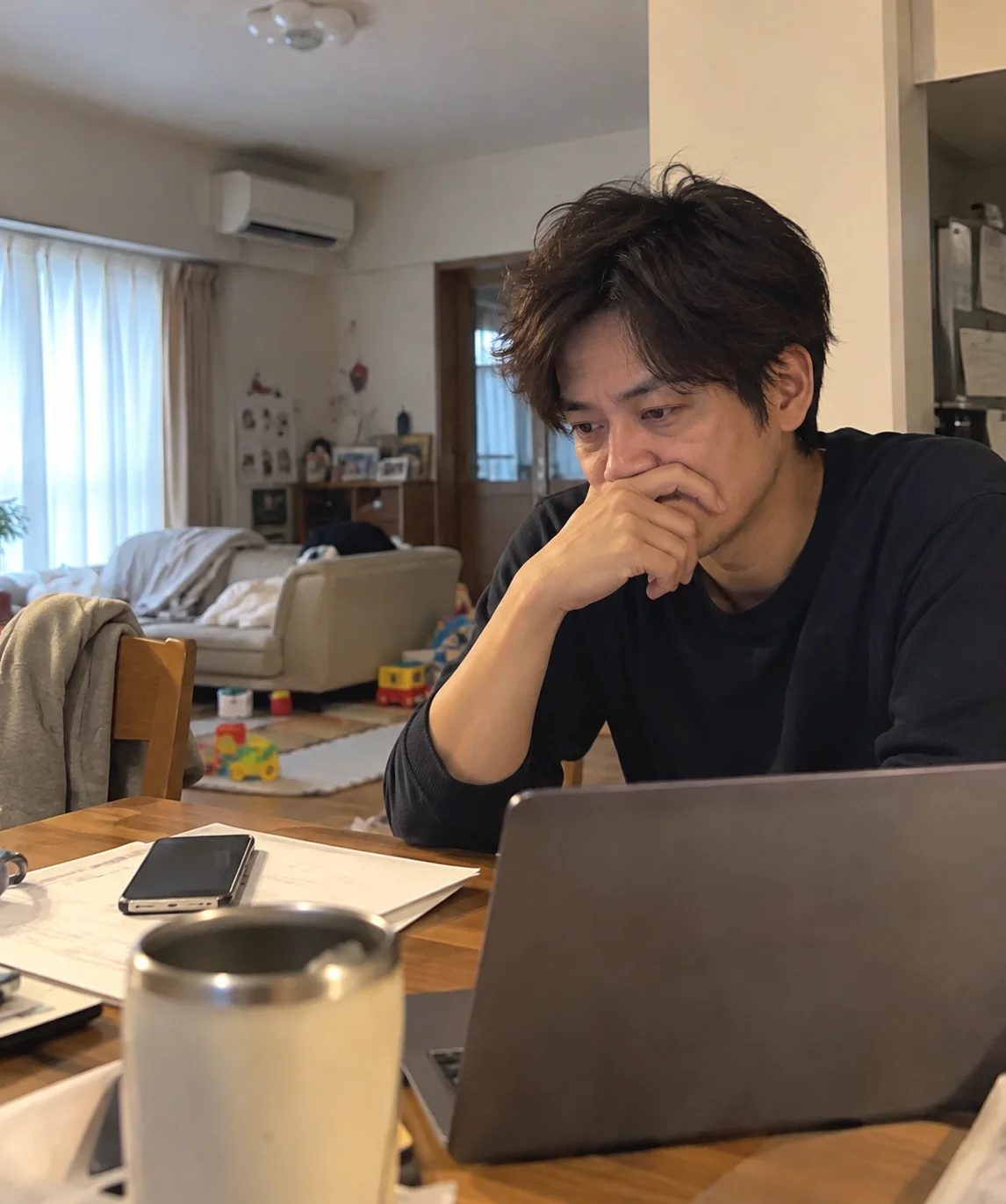 家庭のリビングでパソコンを前に考え込む男性のイメージ写真
